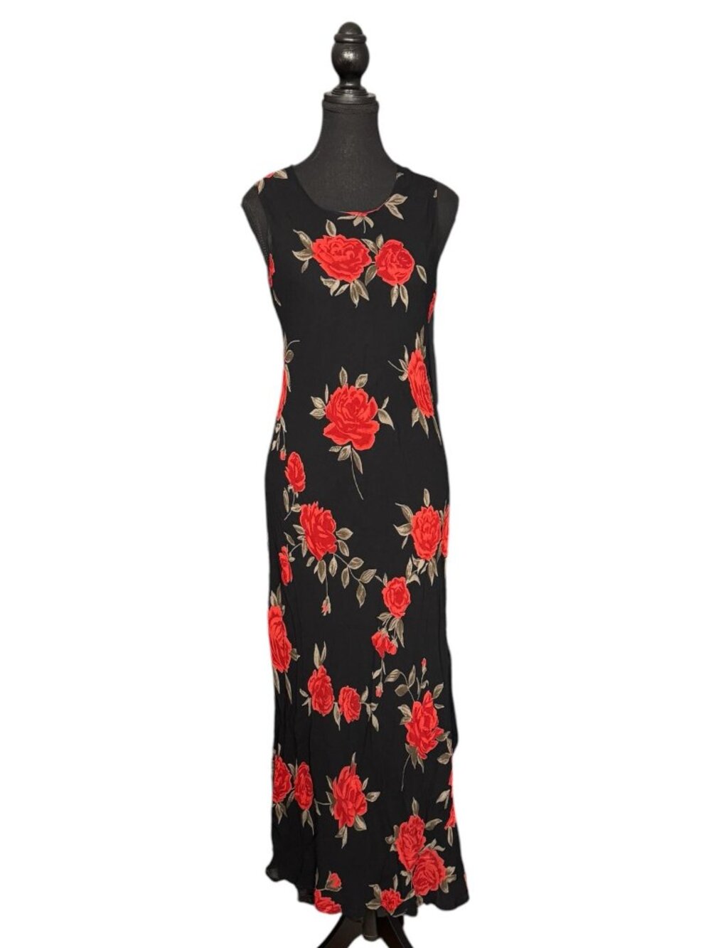 Vintage 90s Floral Maxi Dress Black Red Rose Print Rayon Sleeveless Dress